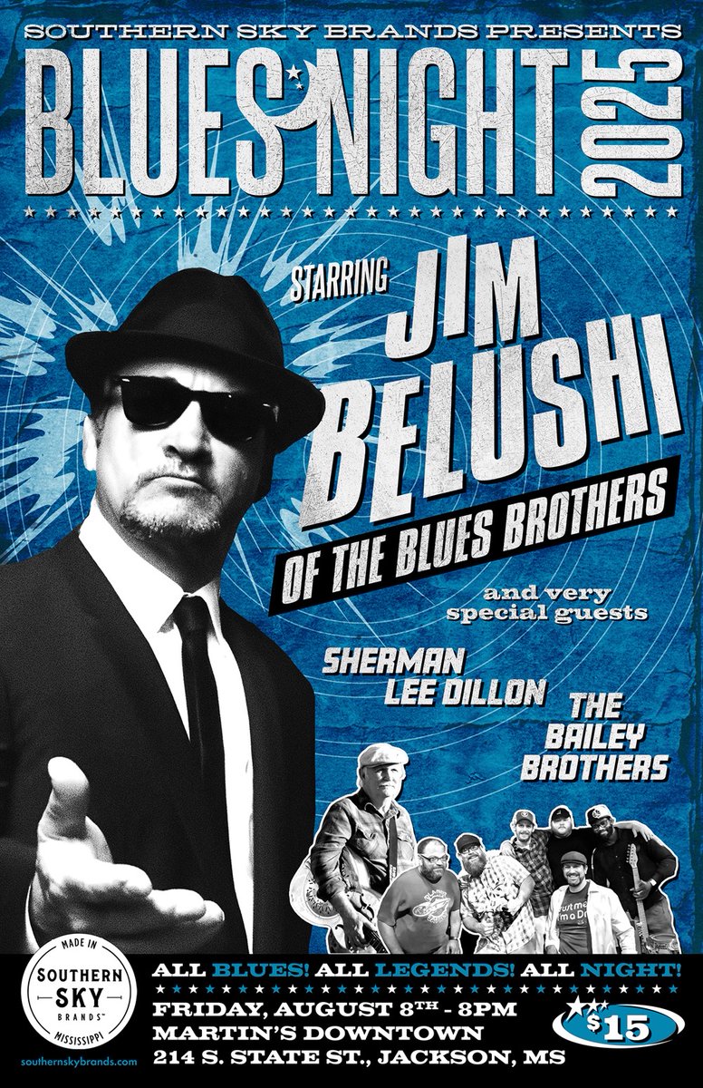 SouthernSkyMS's tweet image. 1-3pm drop by Southern Sky Wellness in #PearlMS for a special meet and greet. This is a free event, but you must have a Mississippi cannabis card.

8pm: Blues Night at Martin’s Downtown featuring Jim Belushi LIVE! Get your tickets now!
vist.ly/3zeme