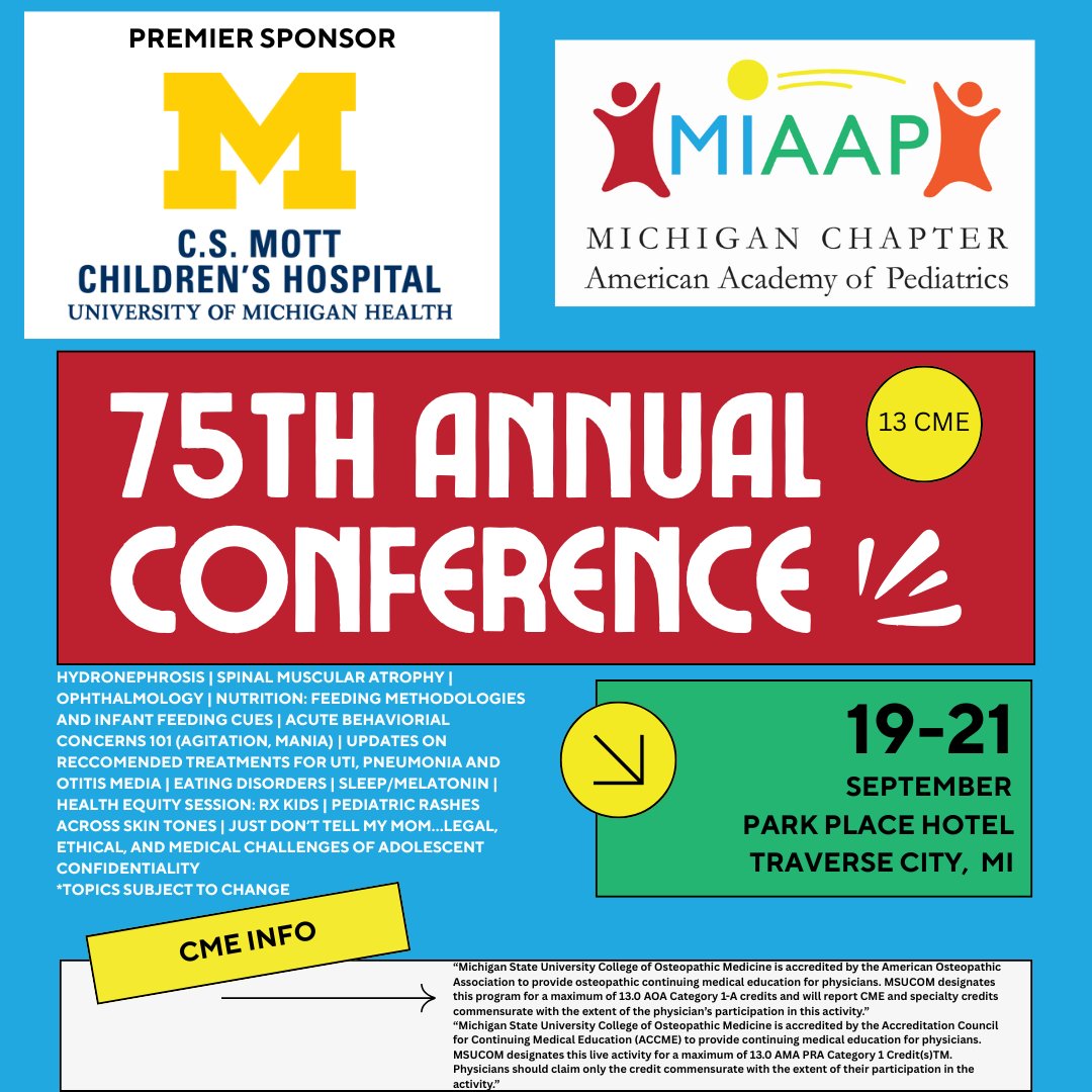 Michigan Chapter AAP (@aapmichigan) on Twitter photo 🎉 Join us for the MIAAP 75th Annual Conference in Traverse City!
📅 9/19-9/21 | ⛵ Half-day format
🧠 13 AOA 1-A & 13 AMA PRA Cat 1 credits
🏥 Premier Sponsor: <a href="/MottChildren/">C.S. Mott Children's</a>
🔗 Register: miaap.org/conference
#MIAAP75 #Pediatrics #CME #TraverseCity 🎉 Join us for the MIAAP 75th Annual Conference in Traverse City!
📅 9/19-9/21 | ⛵ Half-day format
🧠 13 AOA 1-A & 13 AMA PRA Cat 1 credits
🏥 Premier Sponsor: <a href="/MottChildren/">C.S. Mott Children's</a>
🔗 Register: miaap.org/conference
#MIAAP75 #Pediatrics #CME #TraverseCity