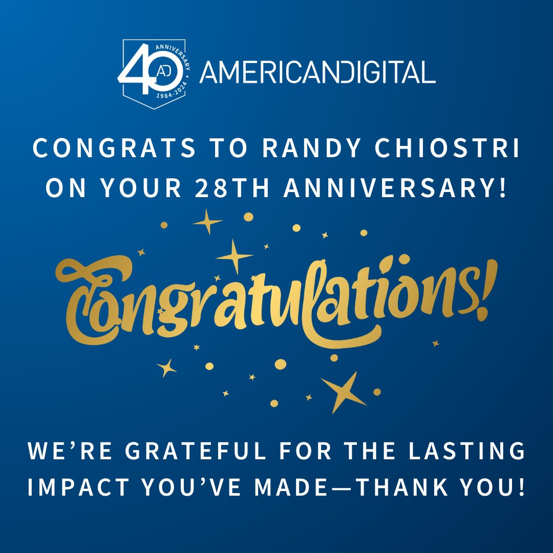 <a href="/AmDigitalCorp/">American Digital Corporation</a> congratulates Randy Chiostri on reaching 28 incredible years! We appreciate your dedication, expertise, and the lasting impact you’ve had on our team and clients.