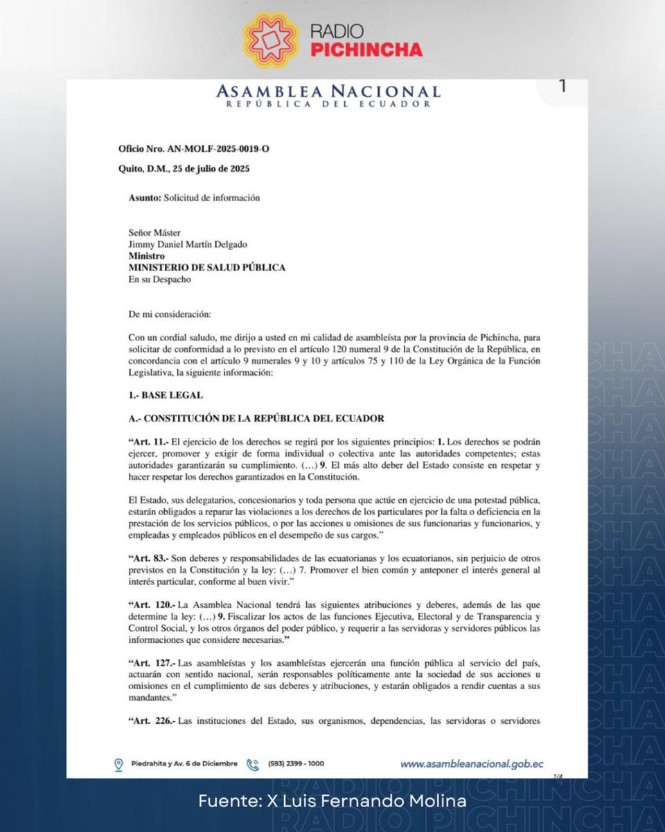 Radio Pichincha (@radio_pichincha) on Twitter photo ⭕️ #ATENCIÓN | El asambleísta Luis Fernando Molina solicitó -a los ministros de <a href="/Educacion_Ec/">Ministerio de Educación del Ecuador</a>, Alegría Crespo; de <a href="/FinanzasEc/">Economía Finanzas Ec</a> Sariha Moya; y de <a href="/Salud_Ec/">Ministerio de Salud Pública 🇪🇨</a>, Jimmy Martín Delgado- información correspondiente a la lista de funcionarios desvinculados de las Instituciones que presiden, ⭕️ #ATENCIÓN | El asambleísta Luis Fernando Molina solicitó -a los ministros de <a href="/Educacion_Ec/">Ministerio de Educación del Ecuador</a>, Alegría Crespo; de <a href="/FinanzasEc/">Economía Finanzas Ec</a> Sariha Moya; y de <a href="/Salud_Ec/">Ministerio de Salud Pública 🇪🇨</a>, Jimmy Martín Delgado- información correspondiente a la lista de funcionarios desvinculados de las Instituciones que presiden,