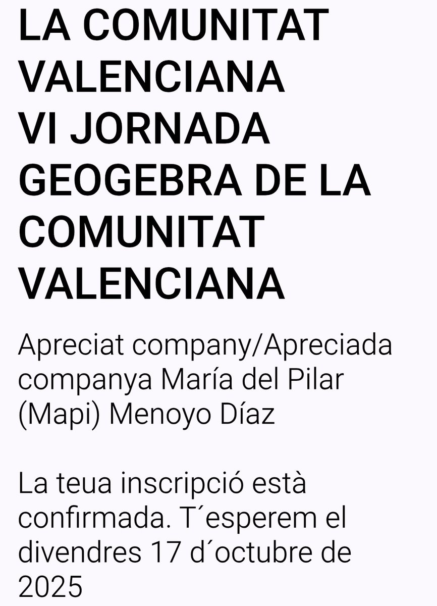 Zafra Investigadora (@zafrainvestiga) on Twitter photo Todavía estás a tiempo para inscribirte en la #VIJornadaGeoGebra y #XVJornadesdEducacióMatemàtica de la <a href="/SEMCV/">SEMCV</a>, 17 y 18 de Octubre en #València
El programa lo dice todo👌
Con las conferencias de
<a href="/JavierCayetan19/">Javier Cayetano Rodríguez</a>
<a href="/druizaguilera/">Daniel Ruiz Aguilera 🏳️🌈🏳️⚧️</a>
Mesa redonda, con
<a href="/gremor/">Gregorio Morales</a>
<a href="/MaiteNavarro2/">Maite Navarro</a>..
🙋hecho! Todavía estás a tiempo para inscribirte en la #VIJornadaGeoGebra y #XVJornadesdEducacióMatemàtica de la <a href="/SEMCV/">SEMCV</a>, 17 y 18 de Octubre en #València
El programa lo dice todo👌
Con las conferencias de
<a href="/JavierCayetan19/">Javier Cayetano Rodríguez</a>
<a href="/druizaguilera/">Daniel Ruiz Aguilera 🏳️🌈🏳️⚧️</a>
Mesa redonda, con
<a href="/gremor/">Gregorio Morales</a>
<a href="/MaiteNavarro2/">Maite Navarro</a>..
🙋hecho!