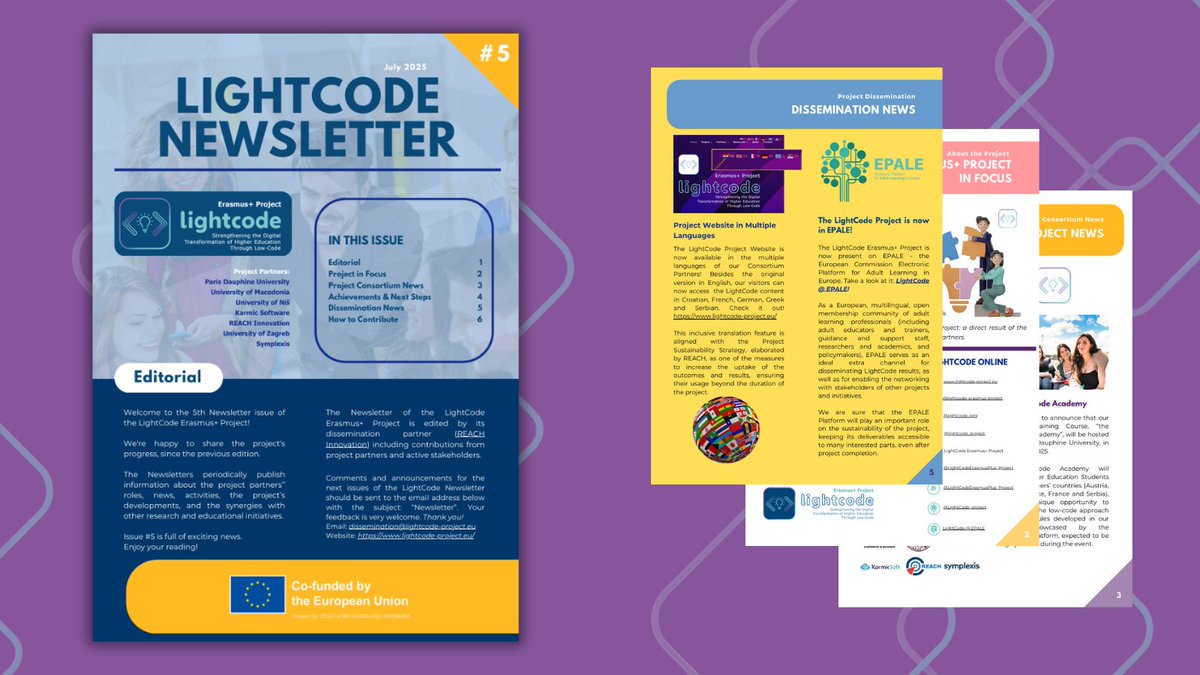 The 5th issue of the #LightCode #ErasmusPlusProject Newsletter is now available (lightcode-project.eu/publications/)!🔥

Give it a read and let us know what you think!💙

#ErasmusPlus #digitaltransformation #lowcode #education #digital #project_lightcode_2022_2025 #Newsletter