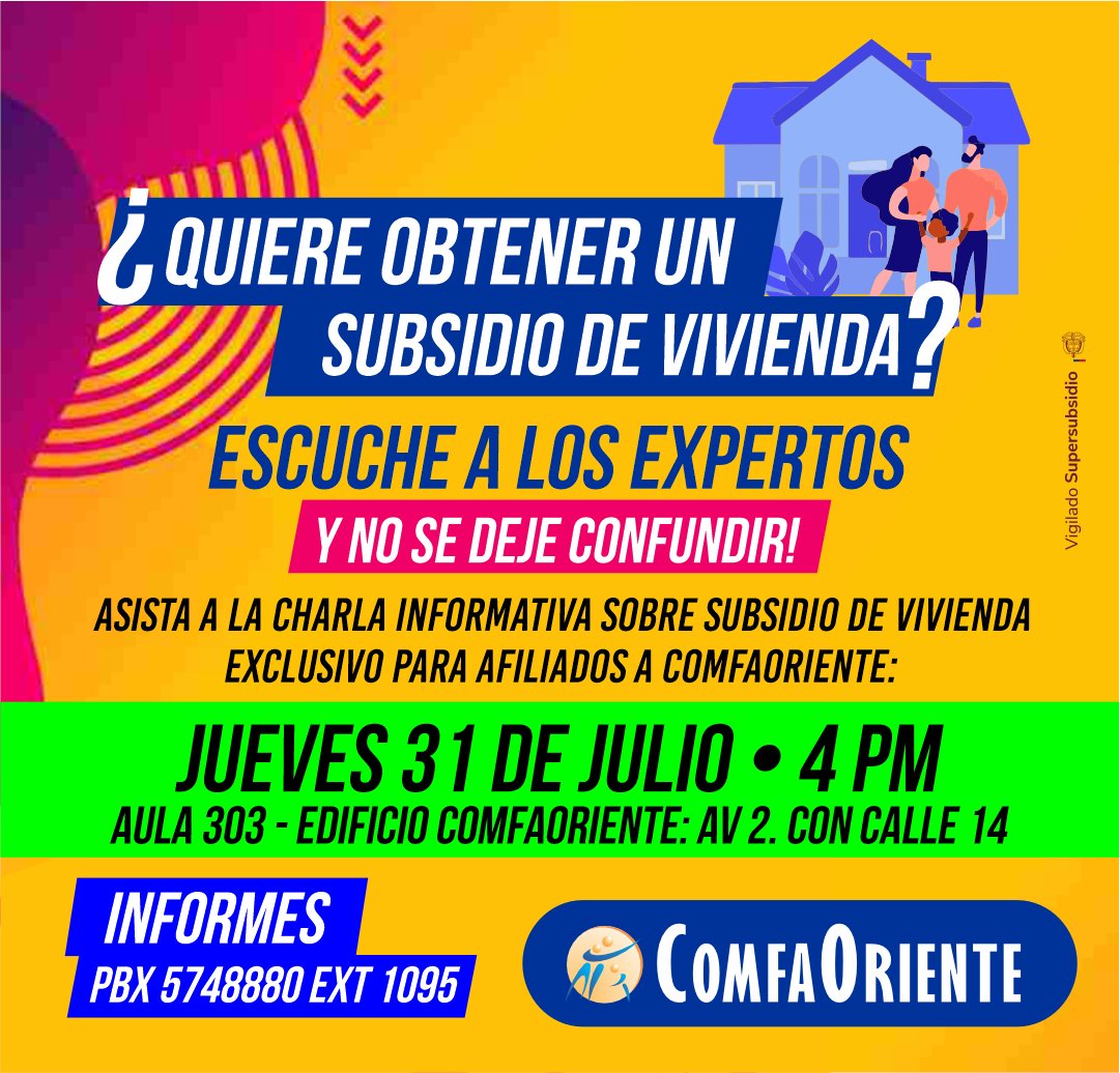 🏠 ¡Conozca cómo acceder al Subsidio Familiar de Vivienda! Escuche a los expertos y no se deje confundir.

Los esperamos en la charla informativa donde podrá resolver dudas y preparar su postulación.

🗓️ 31 de Julio
🕓 04:00 p.m.
📍 Aula 303 - ComfaOriente

#LaCajaDeLosBeneficios