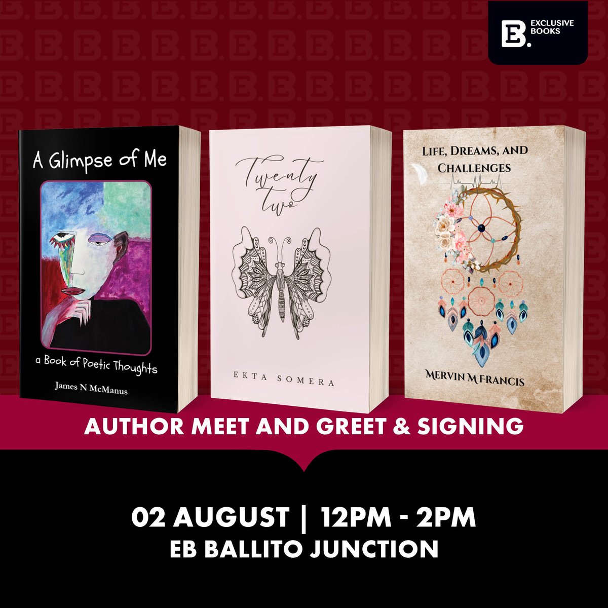 ExclusiveBooks's tweet image. 📍🗓️ Join us at EB @JunctionBallito for a meet and greet/book signing with authors James N McManus, Ekta Somera and Mervin M Francis!
RSVP is essential here: exclusivebooks.co.za/pages/events#?…