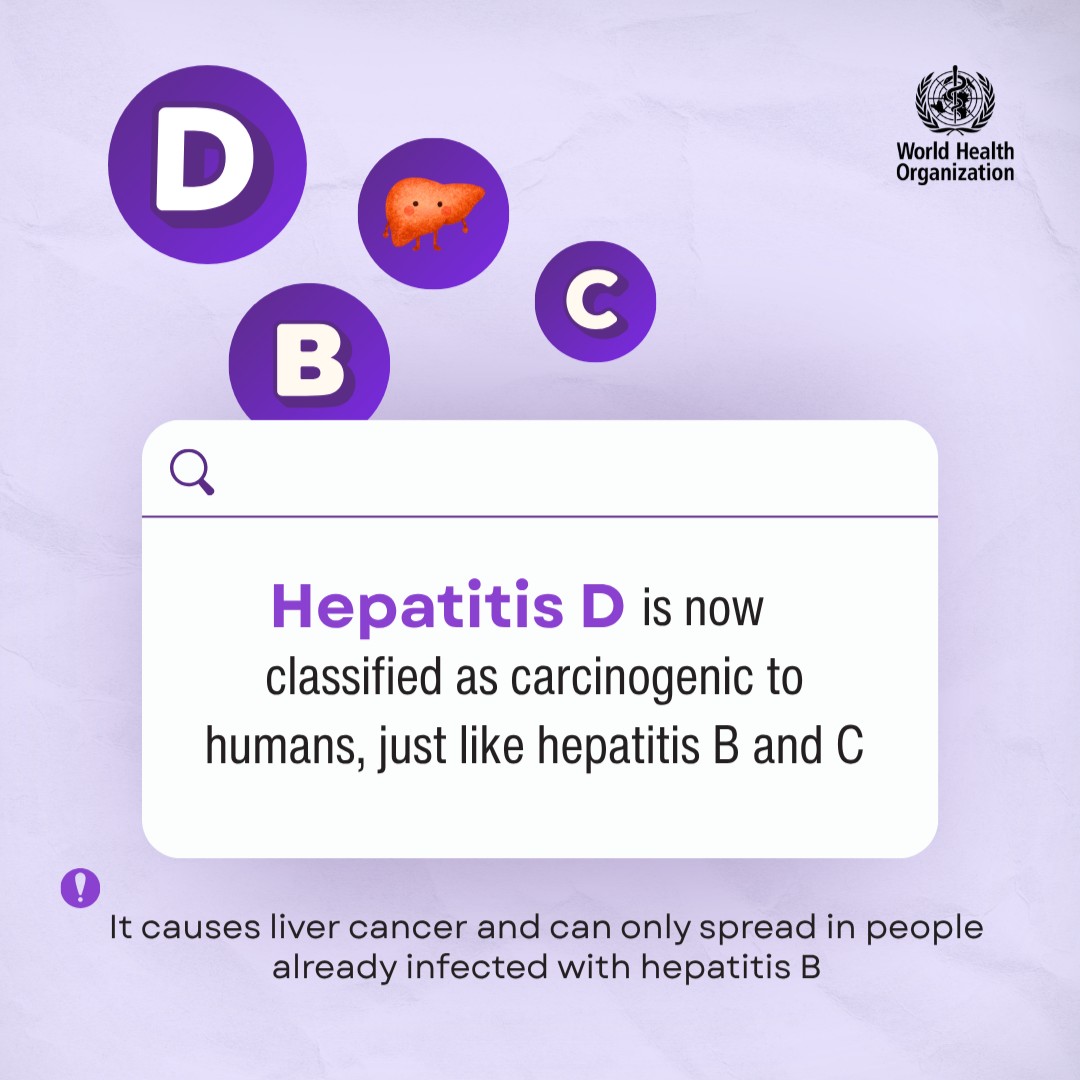 #Hepatitis update you should know:

<a href="/IARCWHO/">IARC</a> has now classified hepatitis D as carcinogenic to humans, just like hepatitis B and C.

⚠️ It causes liver cancer and only spreads in people already infected with hepatitis B.

Learn more 👉bit.ly/4mjGQCY #WorldHepatitisDay