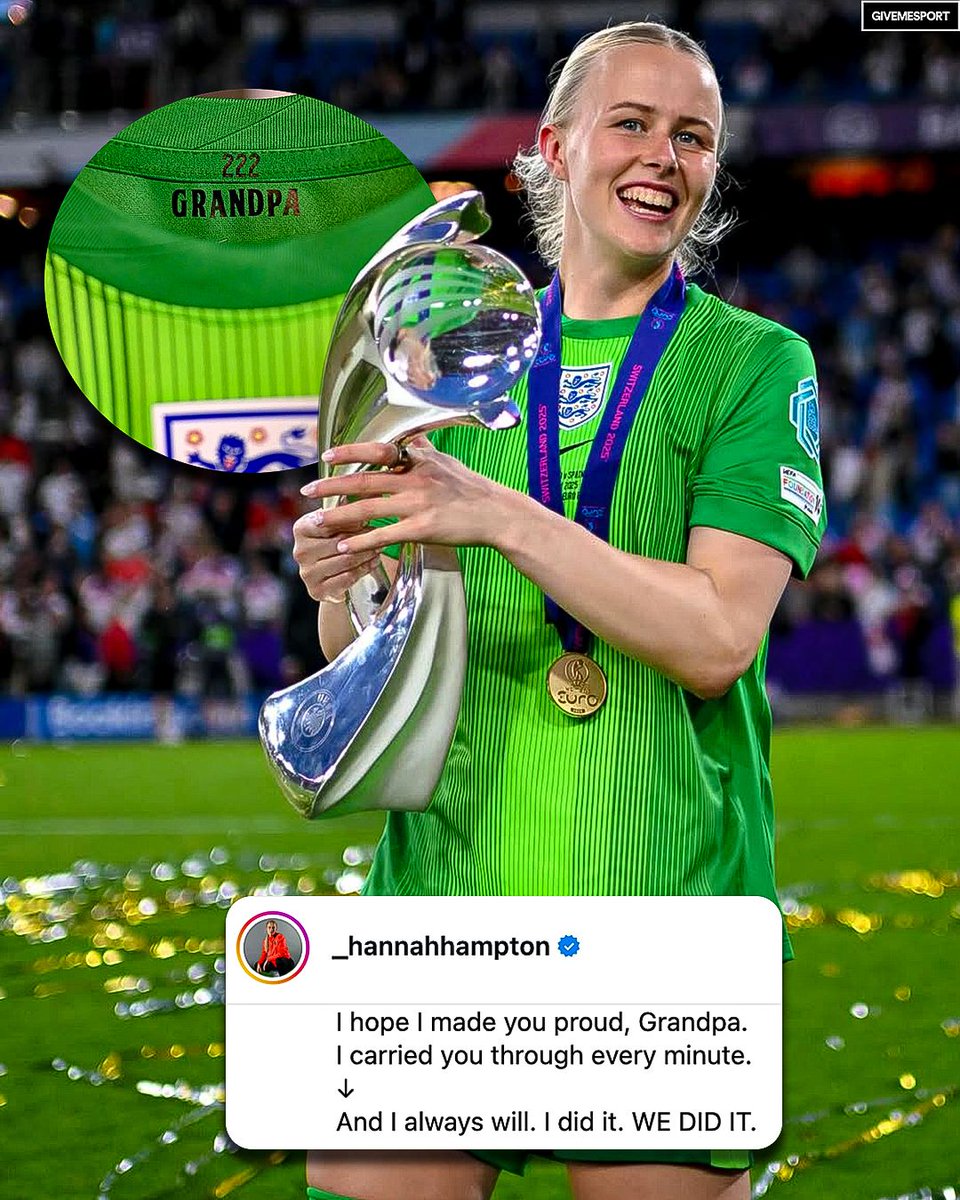 GiveMeSport's tweet image. Hannah Hampton revealed her grandfather passed away just two days before Euro 2025 began 💔

She kept him in her shirt every game. A touching tribute 🙏