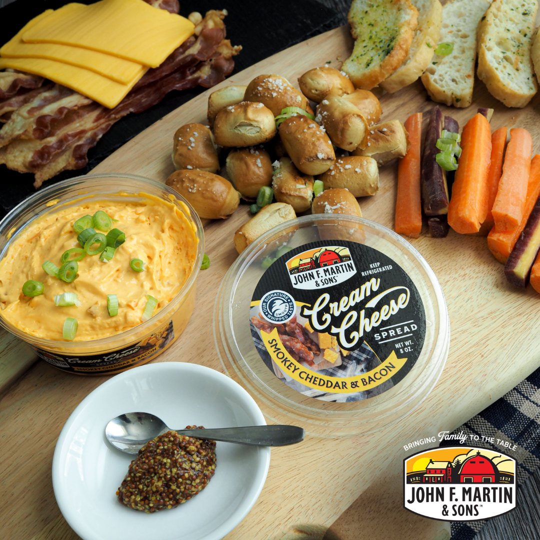 Meet your new go-to: John F. Martin Smokey Cheddar &amp; Bacon Cream Cheese! 🧀🥓 Rich, creamy, &amp; packed with real cheddar + smoky bacon. Perfect for bagels, burgers, dips, or by the spoonful! #JohnFMartin #CreamCheeseSpread #BaconLovers #CheddarCheese