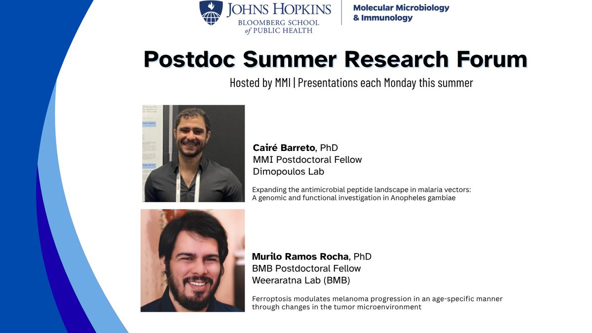 TODAY's Postdoc Summer Research Forum features Caire Barreto, PhD, of the Dimopoulos Lab and Murilo Ramos Rocha of the Weeraratna Lab <a href="/AshaniTW/">Ashi_W</a> 

Monday, July 28 
<a href="/JohnsHopkinsSPH/">Johns Hopkins Bloomberg School of Public Health</a> 
12:00Noon - 1:00 p.m. 
Room W2008