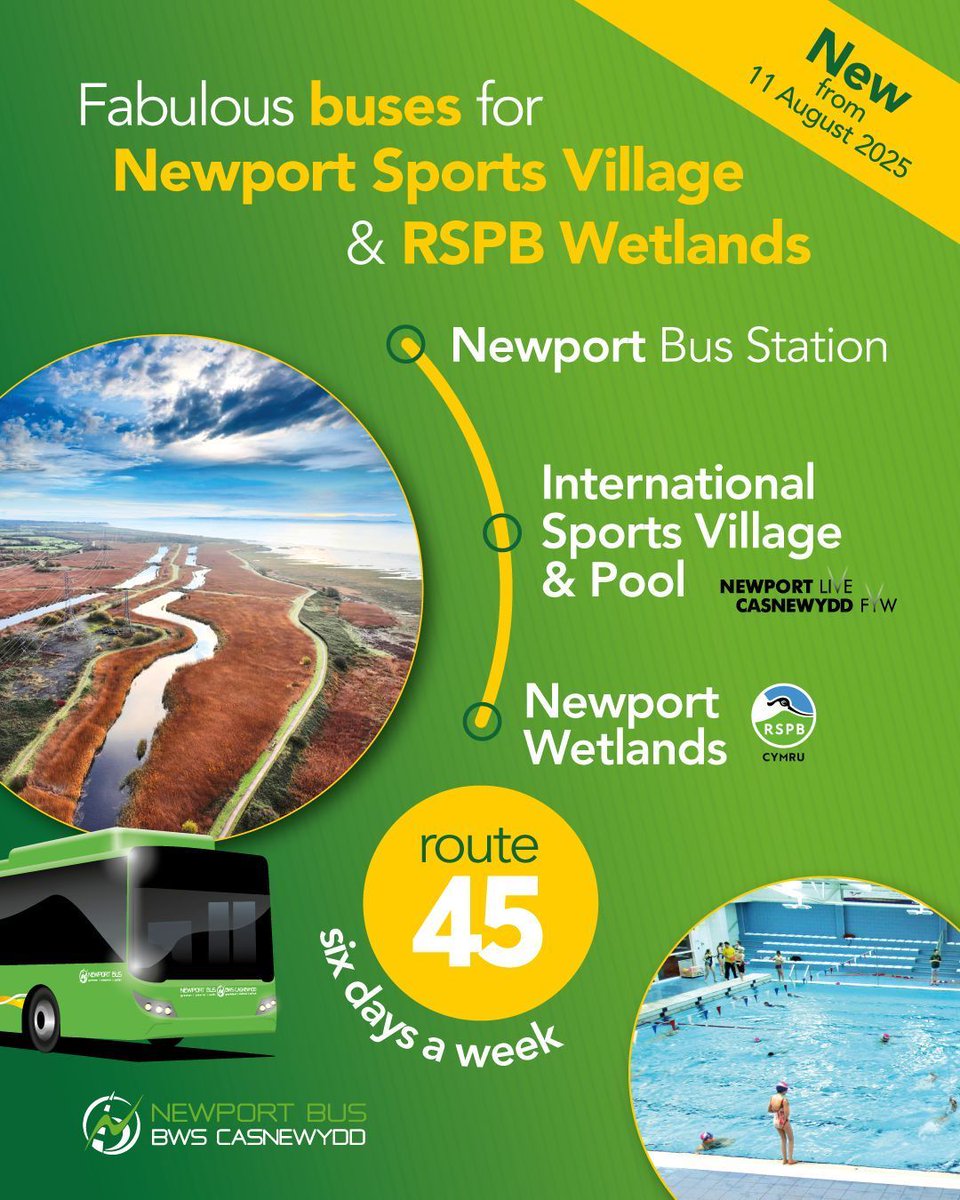 New Bus Service

From Mon 11 Aug, Newport Bus will launch a new route to Regional Pool &amp; Tennis Centre, Newport Int Sports Village, for specific journeys the bus will journey onto RSPB Wetlands.

Find out more buff.ly/gWmhTAK 

<a href="/NewportBus/">Newport Bus</a> @RSPBnewportwetlands