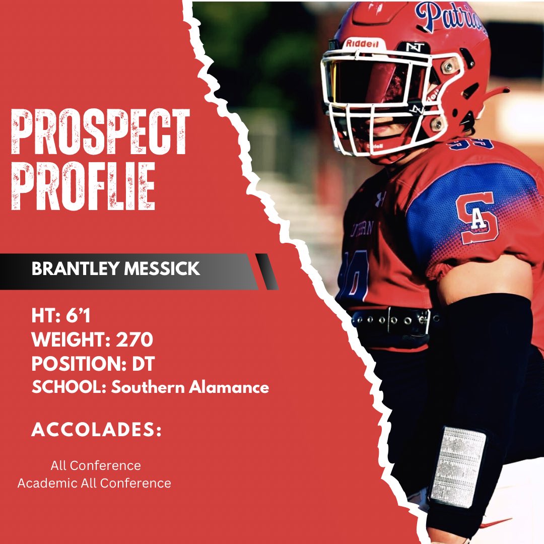 Prospect Radar (@prospectradarx) on Twitter photo 🔍PROSPECT PROFILE🔍
Name: Brantley Messick (<a href="/brantleym_99/">Brantley Messick</a>)
Pos: DT
School: Southern Alamance
Class: ‘26
☢️Dominants at the point of attack,ability to control the line of scrimmage. Displays effort with a good motor and athleticism.
🎥: hudl.com/v/2R9963 🔍PROSPECT PROFILE🔍
Name: Brantley Messick (<a href="/brantleym_99/">Brantley Messick</a>)
Pos: DT
School: Southern Alamance
Class: ‘26
☢️Dominants at the point of attack,ability to control the line of scrimmage. Displays effort with a good motor and athleticism.
🎥: hudl.com/v/2R9963
