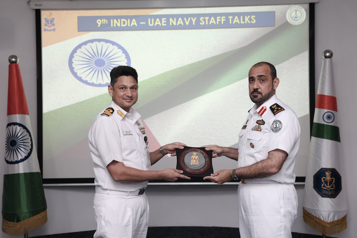 indiannavy's tweet image. The 9th #IndianNavy - #UAENavy Staff Talks successfully concluded in New Delhi, marking another milestone in the deep-rooted maritime partnership.
Co-chaired by Cmde Kartik Srimal, Cmde (Foreign Cooperation), and Brigadier Staff Rashed Khamis Rashid Al Naqbi, Chief of Staff…