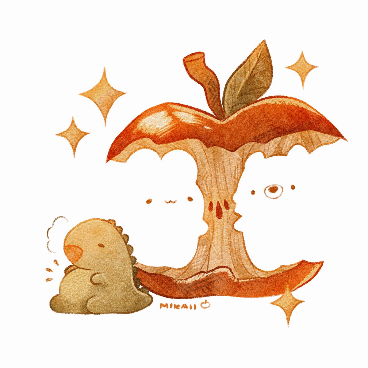 mikaiiarts's tweet image. The apple trend looks so fun and I love how everybody is so creative with their illustrations! 🍎 This is my take on it, featuring the mascots of our art shop 💛