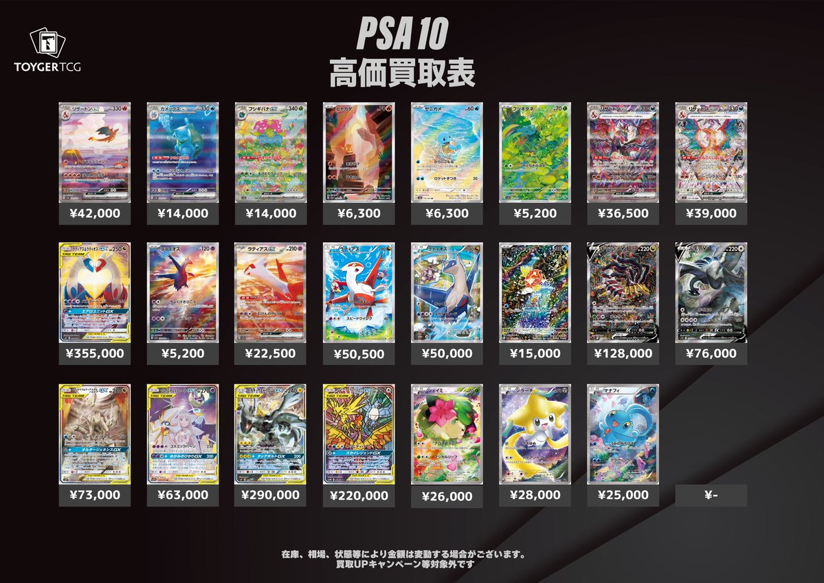 TOYGER_TCG's tweet image. 【#ポケカ 買取情報 #TOYGERTCG買取】
🌟#PSA10 買取表🌟②
リザードンex【SAR】134/108 39,000円
ソルガレオ&ルナアーラGX【SA】063/049 63,000円
コイキング【AR】080/073 15,000円
記載の無いものも是非お持ち込みください✨
郵送買取募集中‼
申込みはコチラ🔽🔽🔽
toygertcg.com/products/purch…