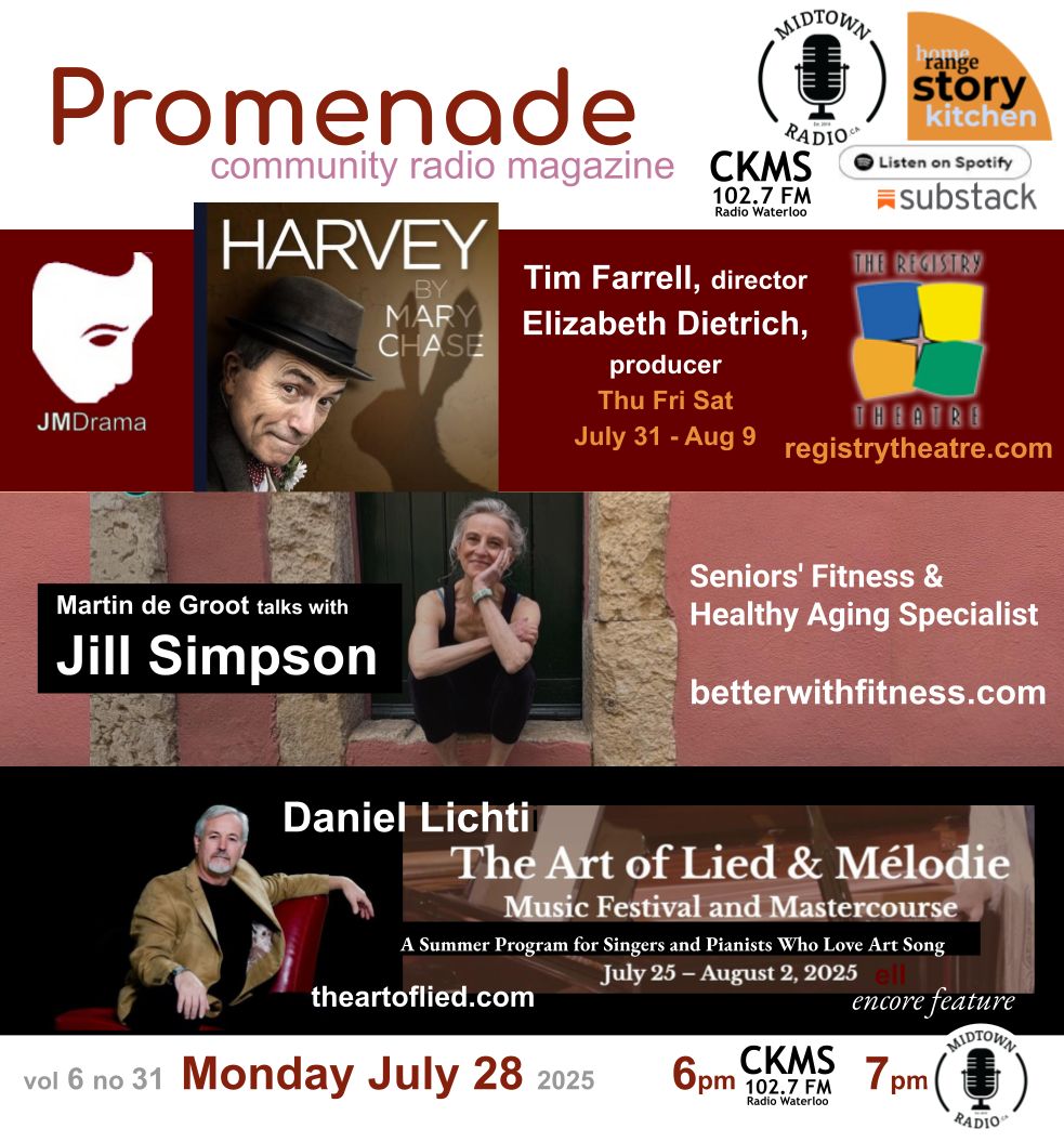 Our radio magazine for this week. Promenade is heard every Monday
-- at 6pm over the air via CKMS 102.7, and 
-- at 7 pm as part of the Midtown Radio program lineup.
Links:
Substack  bit.ly/4lH6WzI
Spotify +  bit.ly/3U0TOJx
midtownradio.ca