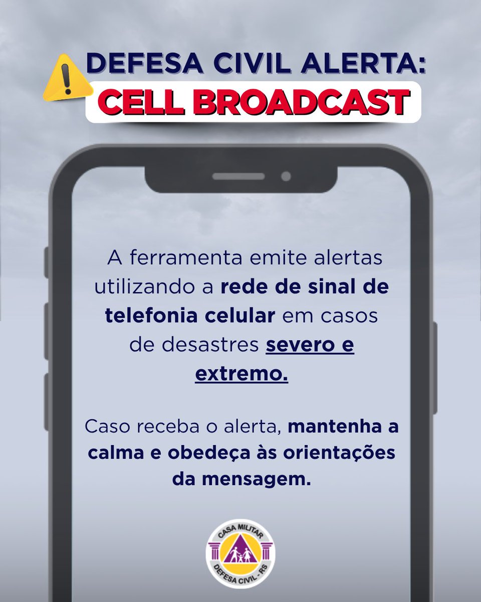 DefesaCivilRS's tweet image. Com a previsão de ventos intensos no estado, o Cell Broadcast poderá ser utilizado. 

📱A ferramenta envia mensagens de emergência por meio da rede de sinal de telefonia celular. Não é necessário fazer nenhum tipo de cadastro para receber a comunicação.

Confira mais informações: