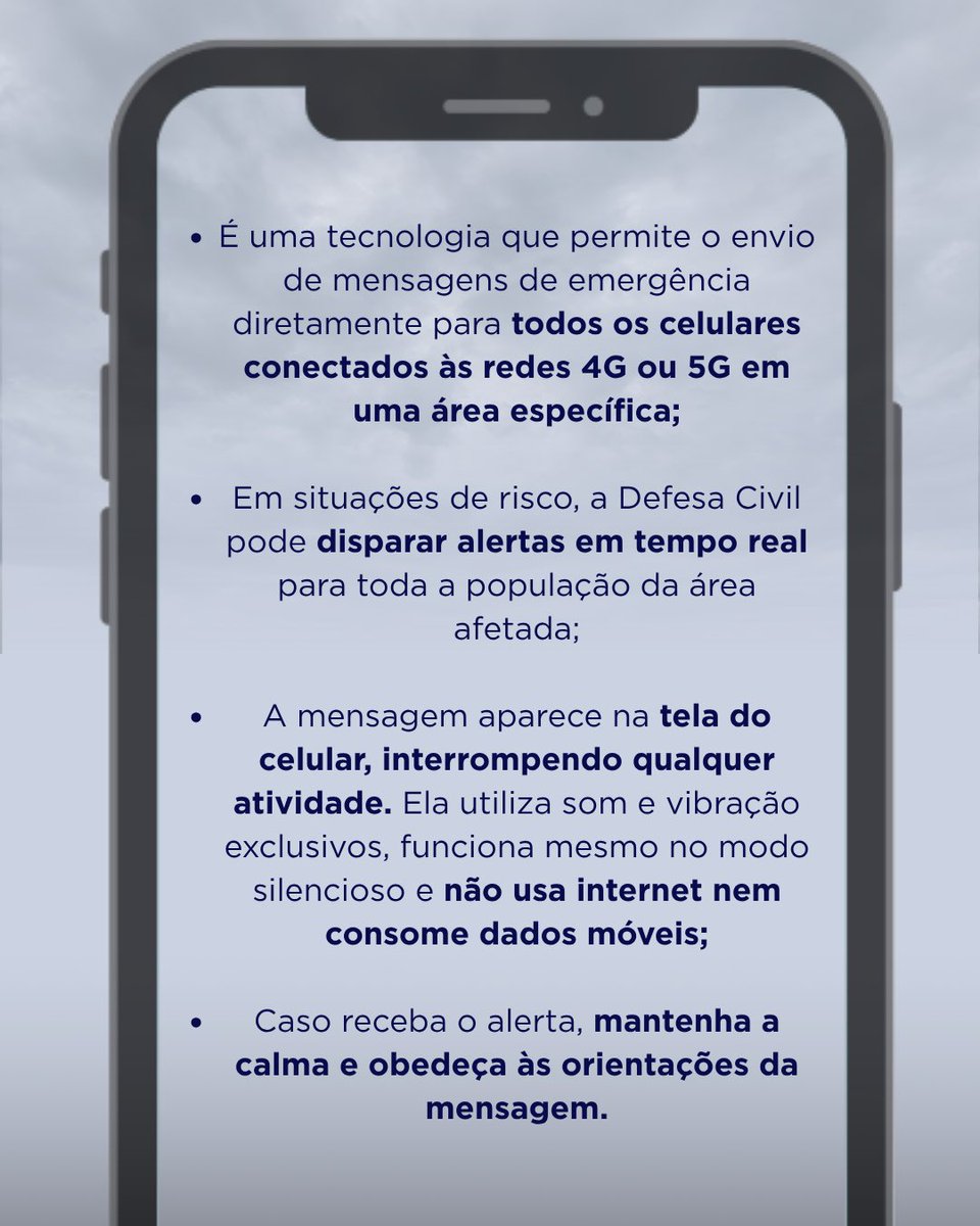 DefesaCivilRS's tweet image. Com a previsão de ventos intensos no estado, o Cell Broadcast poderá ser utilizado. 

📱A ferramenta envia mensagens de emergência por meio da rede de sinal de telefonia celular. Não é necessário fazer nenhum tipo de cadastro para receber a comunicação.

Confira mais informações:
