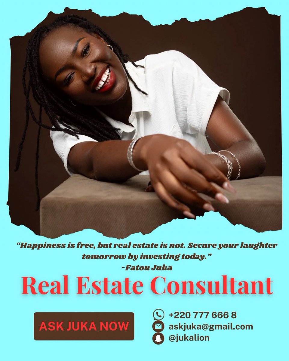 Fatou Juka Darboe (@jukaliond) on Twitter photo Happy New Week!
Can you believe it’s already the last week of July? That means we’re officially closer to 2026 and 2025 is more than 50% gone.
Still working on your 2025 real estate goals?
Contact me today!
Email: askjuka@gmail.com
Whatsapp: +220 777 666 8 Happy New Week!
Can you believe it’s already the last week of July? That means we’re officially closer to 2026 and 2025 is more than 50% gone.
Still working on your 2025 real estate goals?
Contact me today!
Email: askjuka@gmail.com
Whatsapp: +220 777 666 8