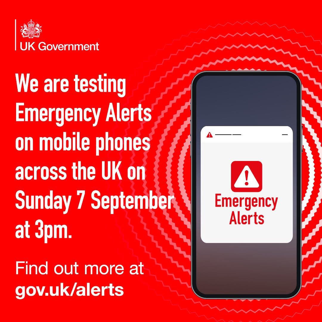 There will be a UK-wide test of the Emergency Alerts system on Sunday 7 September 2025 at 3pm.

Your phone may sound and display a message. No action is needed.

Find out more: ow.ly/xchM50WqAIC

<a href="/prestoncouncil/">Preston City Council</a> <a href="/LancashireCC/">Lancashire County Council</a>
