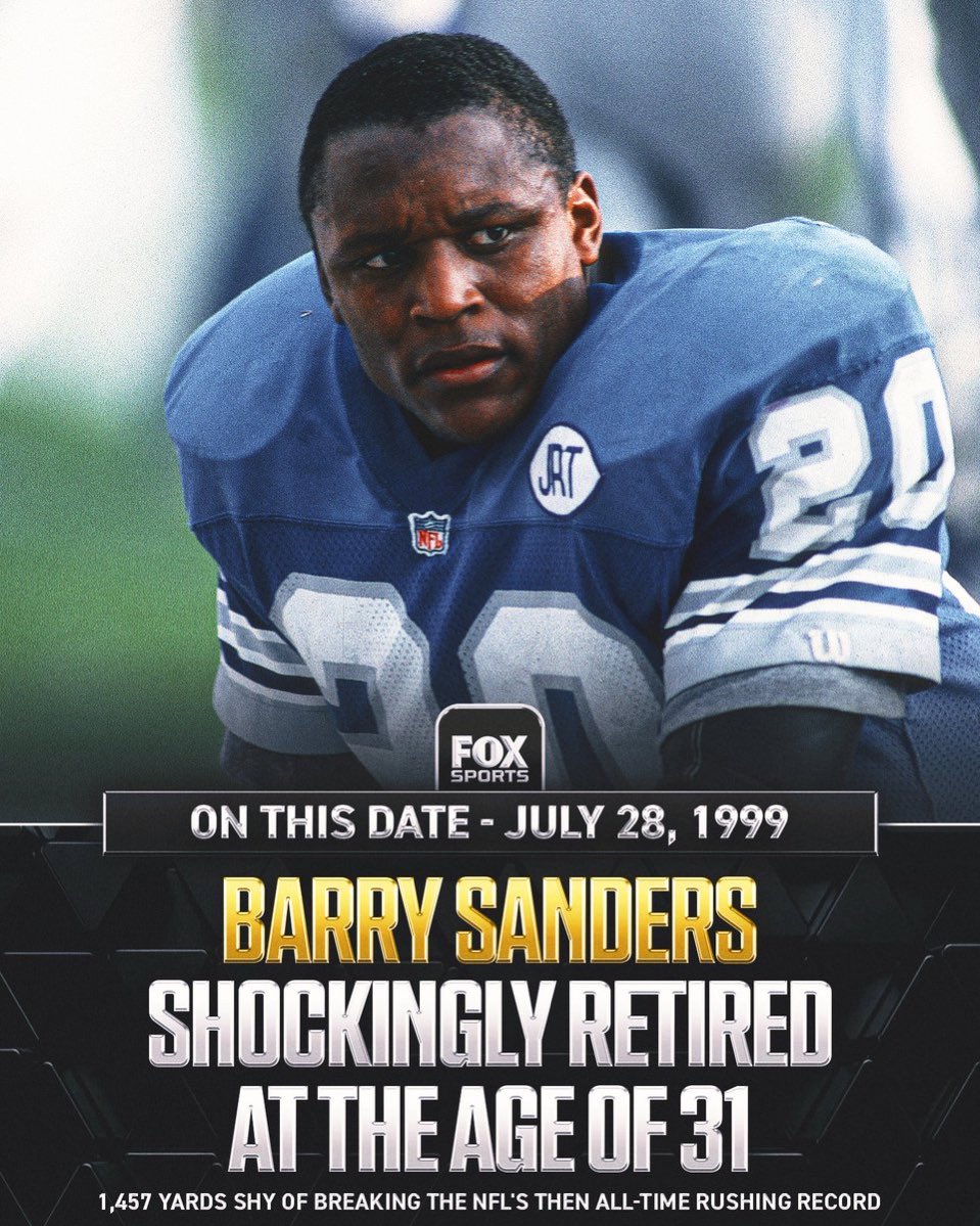 OOSSports's tweet image. On this day in 1999: Barry Sanders stunned the football world by abruptly retiring—just 1,457 yards short of the NFL’s all-time rushing record.
Is he the greatest running back ever?