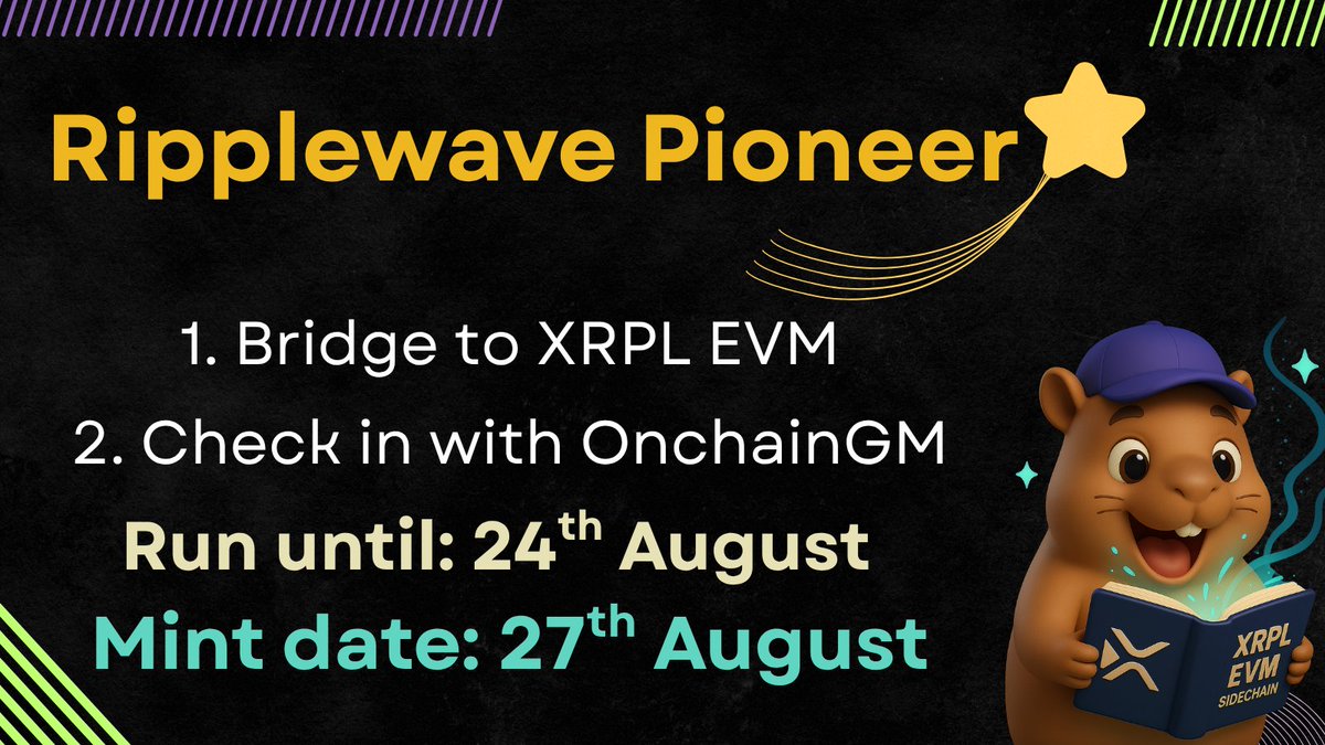 Capie - Try Blockscout Block Explorers (@scoutingcapie) on Twitter photo New Campaign Alert: 🐣 XRPL: Ripplewave Pioneer 🐣
Dive into XRPL EVM with Blockscout and claim the exclusive badge!
🍰 Simple steps:
⤿ Bridge to XRPL EVM
⤿ Do Onchain GMs
Detailed guide & links below 🧵⤵️ New Campaign Alert: 🐣 XRPL: Ripplewave Pioneer 🐣
Dive into XRPL EVM with Blockscout and claim the exclusive badge!
🍰 Simple steps:
⤿ Bridge to XRPL EVM
⤿ Do Onchain GMs
Detailed guide & links below 🧵⤵️