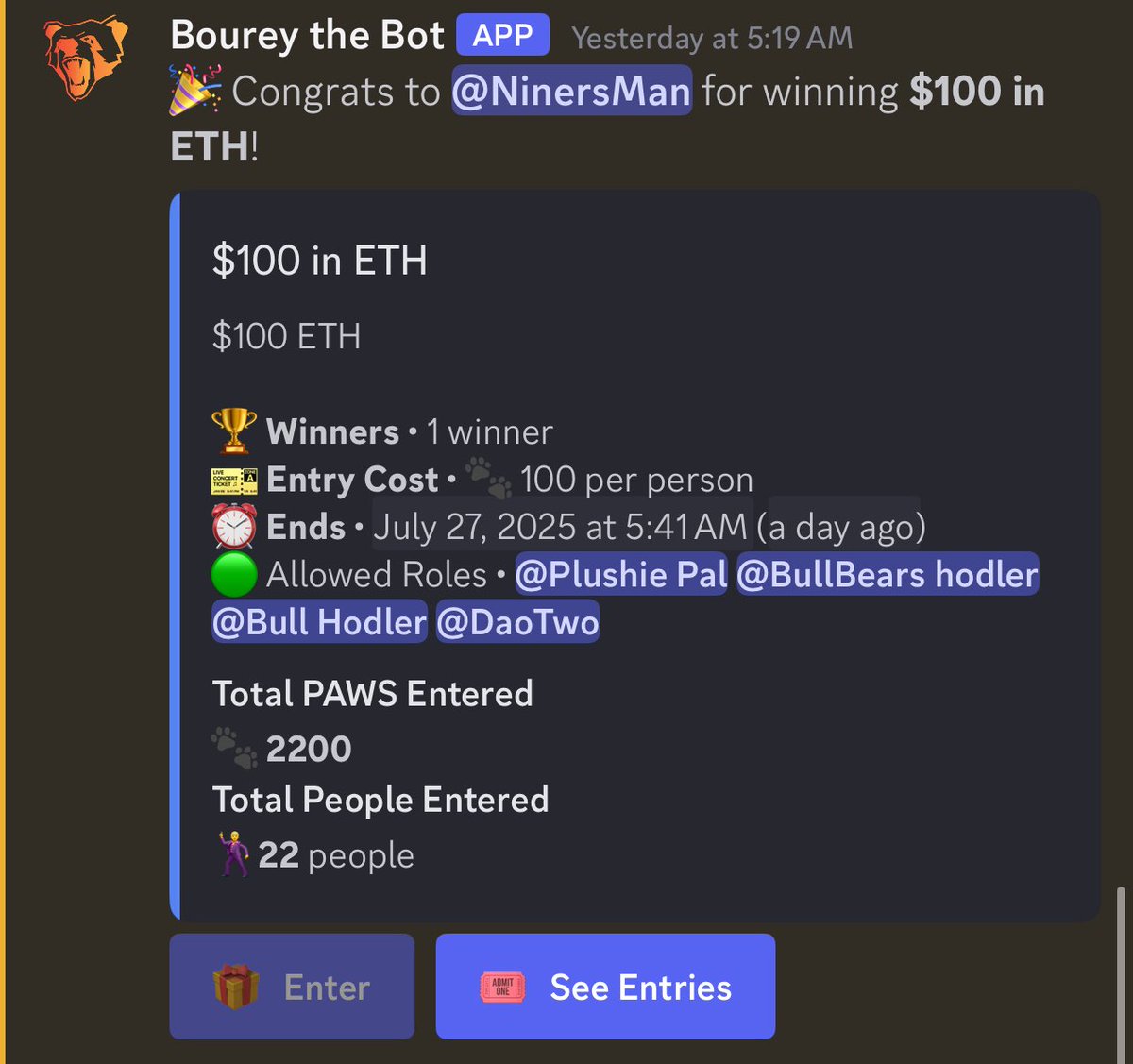 🪐NιɳҽɾʂMan (@ninersman1) on Twitter photo Good morning everyone!
I won $100 in eth in the <a href="/bearandbullnft/">The Bear And Bull NFT</a> discord. In a raffle with #PAWS one of two native tokens for holding a AlphaPass earns you paws and the other is poop!
Thank you <a href="/cryptoequip/">cryptoequip.eth</a> greatly appreciated 🫶
If you ain’t holding <a href="/bearandbullnft/">The Bear And Bull NFT</a> let’s go! Good morning everyone!
I won $100 in eth in the <a href="/bearandbullnft/">The Bear And Bull NFT</a> discord. In a raffle with #PAWS one of two native tokens for holding a AlphaPass earns you paws and the other is poop!
Thank you <a href="/cryptoequip/">cryptoequip.eth</a> greatly appreciated 🫶
If you ain’t holding <a href="/bearandbullnft/">The Bear And Bull NFT</a> let’s go!