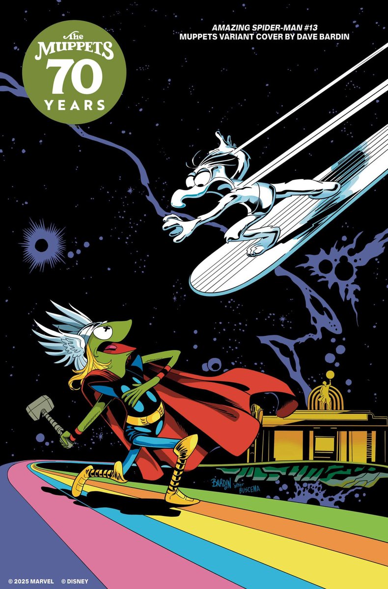 Celebrating 70 years of The Muppets with 
my variant cover for Amazing Spider-Man #13 with an homage to Sal Buscema’s Silver Surfer #4. On sale October 1st 2025!