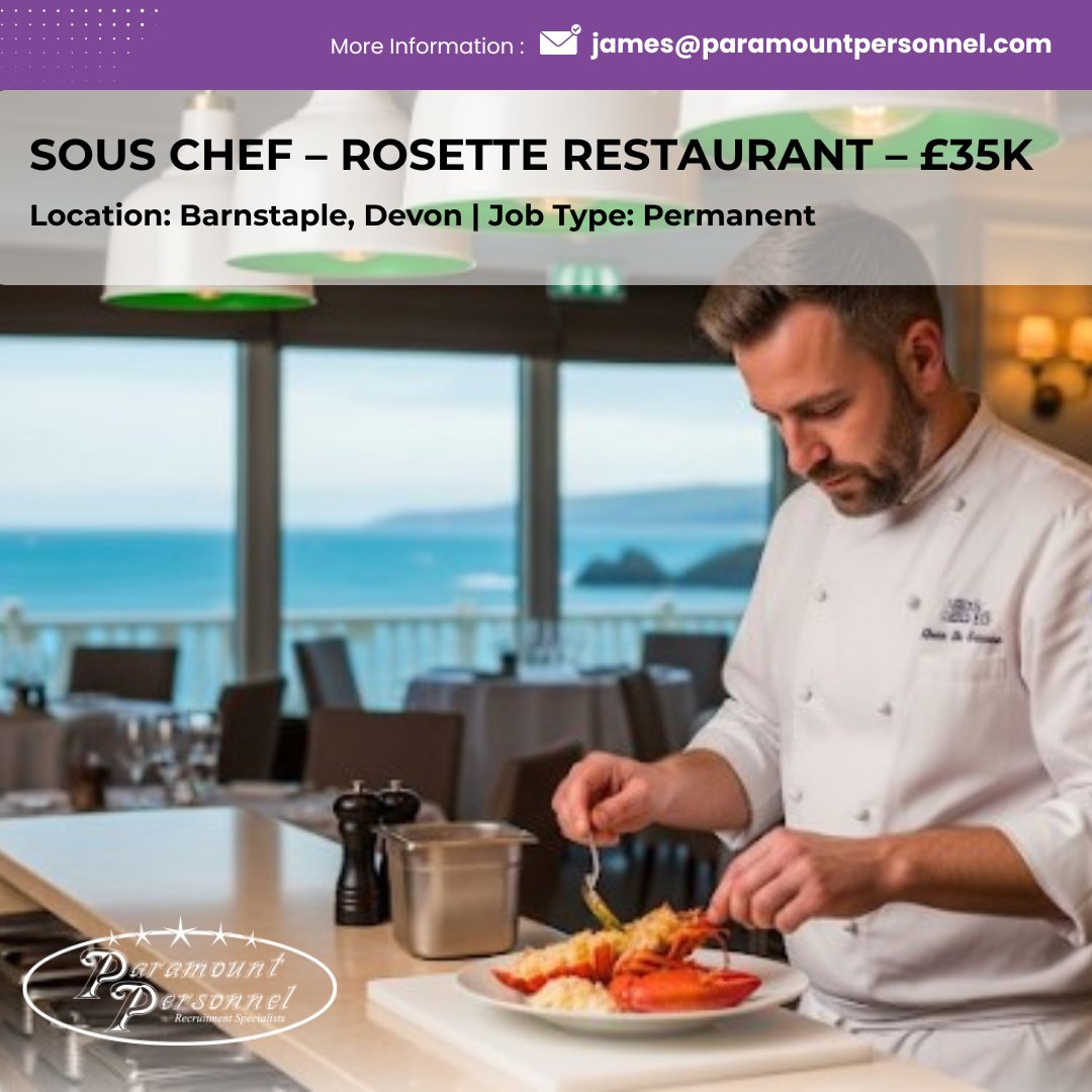 Sous Chef needed at a top Barnstaple fine dining spot. Experience with Rosette/Michelin venues required. 👨‍🍳✨

🔗 Apply: paramountpersonnel.com/vacancy/sous-c…

#SousChef #FineDining #JoinOurTeam