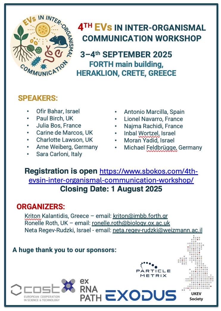 RonelleRoth's tweet image. Extracellular Vesicles- ‘4th EVs in Inter-organismal Communication’ Registration Deadline 1 August!! sbokos.com/4th-evsin-inte…