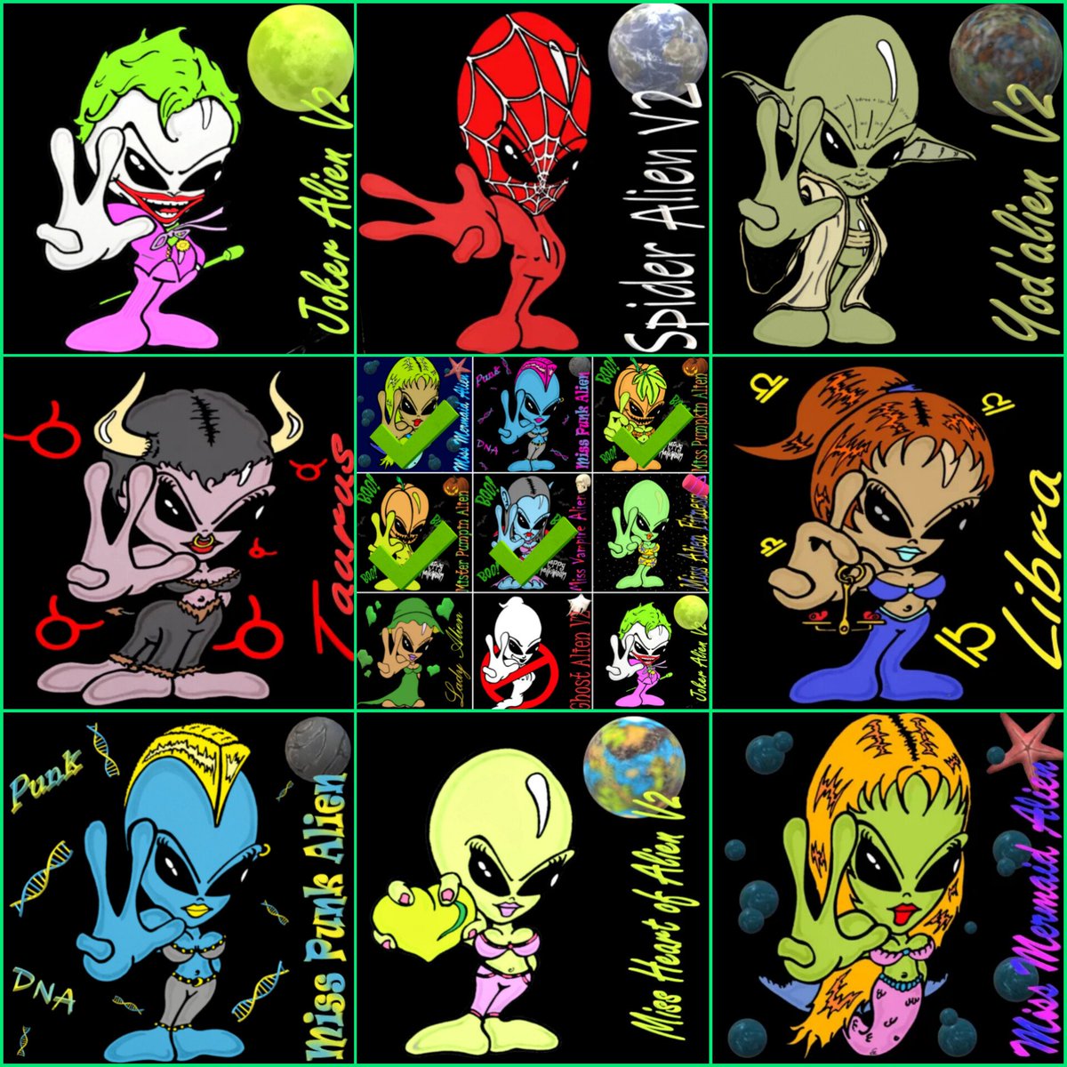 NeW in OBJKT 🛸{Left]
The 1st alien created in 5 colors with various effects on objkt.com/collections/KT…
OwNeRs <a href="/sbtwolf/">bcrandall805 (Bobby) NFTNYC 2025 DRIP Sol Tez Eth</a> <a href="/artterina_NFT/">Artterina🐈 NFT. NYC 2025</a>

OpenSea 🛸{Right]
Collection featuring its variants &amp; various themes opensea.io/collection/ali… 
BeSt OwNeRs <a href="/LucMertens1/">Pigrasso 🚀</a> <a href="/Elegit2021/">Elegit</a> <a href="/Bigf00ties/">BIGGY ART//NFTS 👣🌞</a>