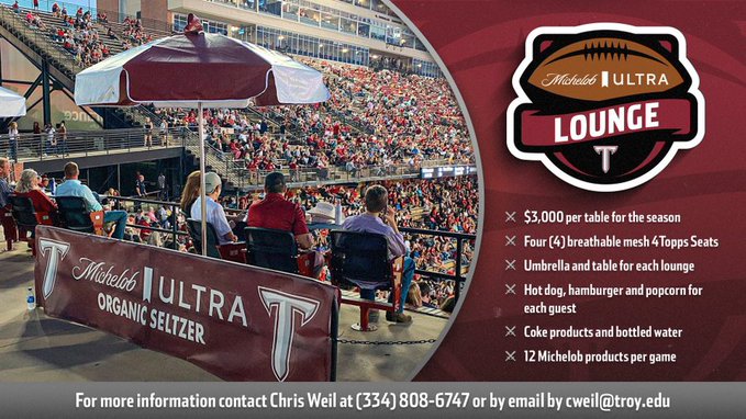 TroyAthletics's tweet image. 𝐌𝐢𝐜𝐡𝐞𝐥𝐨𝐛 𝐔𝐥𝐭𝐫𝐚 𝐋𝐨𝐮𝐧𝐠𝐞
Watch Football in style this Fall! Purchase a Michelob Ultra Lounge today! You'll get a premier view of the field, breathable mesh seats, and refreshments for the game!
There is limited availability remaining! Fore more information,…