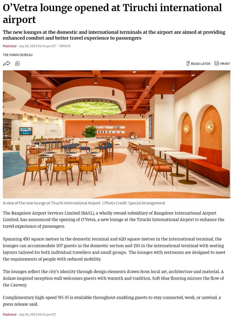 Updatestrichy2's tweet image. The Bangaluru Airport services limited annonced opening of O’Vetra Lounge in Trichy Airport 👏
♦️ International Lounge Size - 6640 sqft - 150 Pax capacity
♦️ Domestic Lounge Size - 4843 Sqft - 107 Pax
#Trichy #Lounge #TRZ #Travel