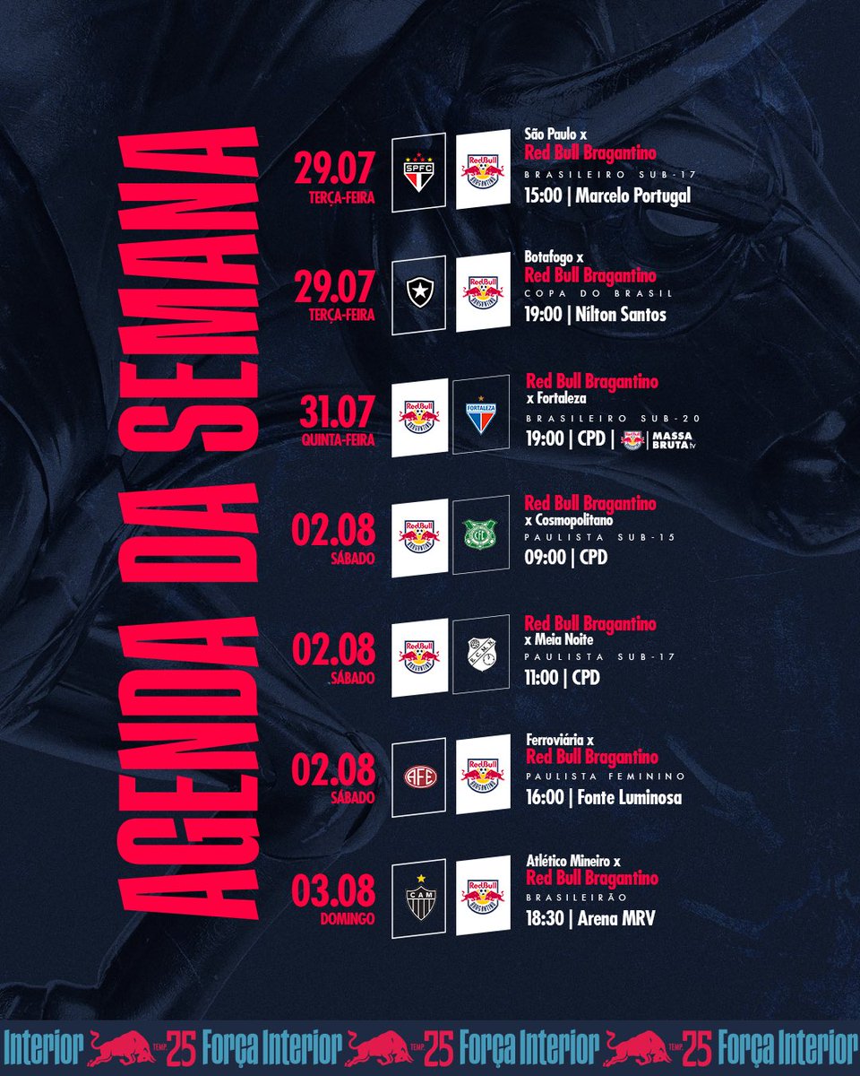 RedBullBraga's tweet image. Os duelos de todas as categorias do Red Bull Bragantino na sua tela! 📲
O jogo decisivo do Sub-20, quinta-feira, você poderá assistir na Massa Bruta TV! 📺
#RedBullBragantino