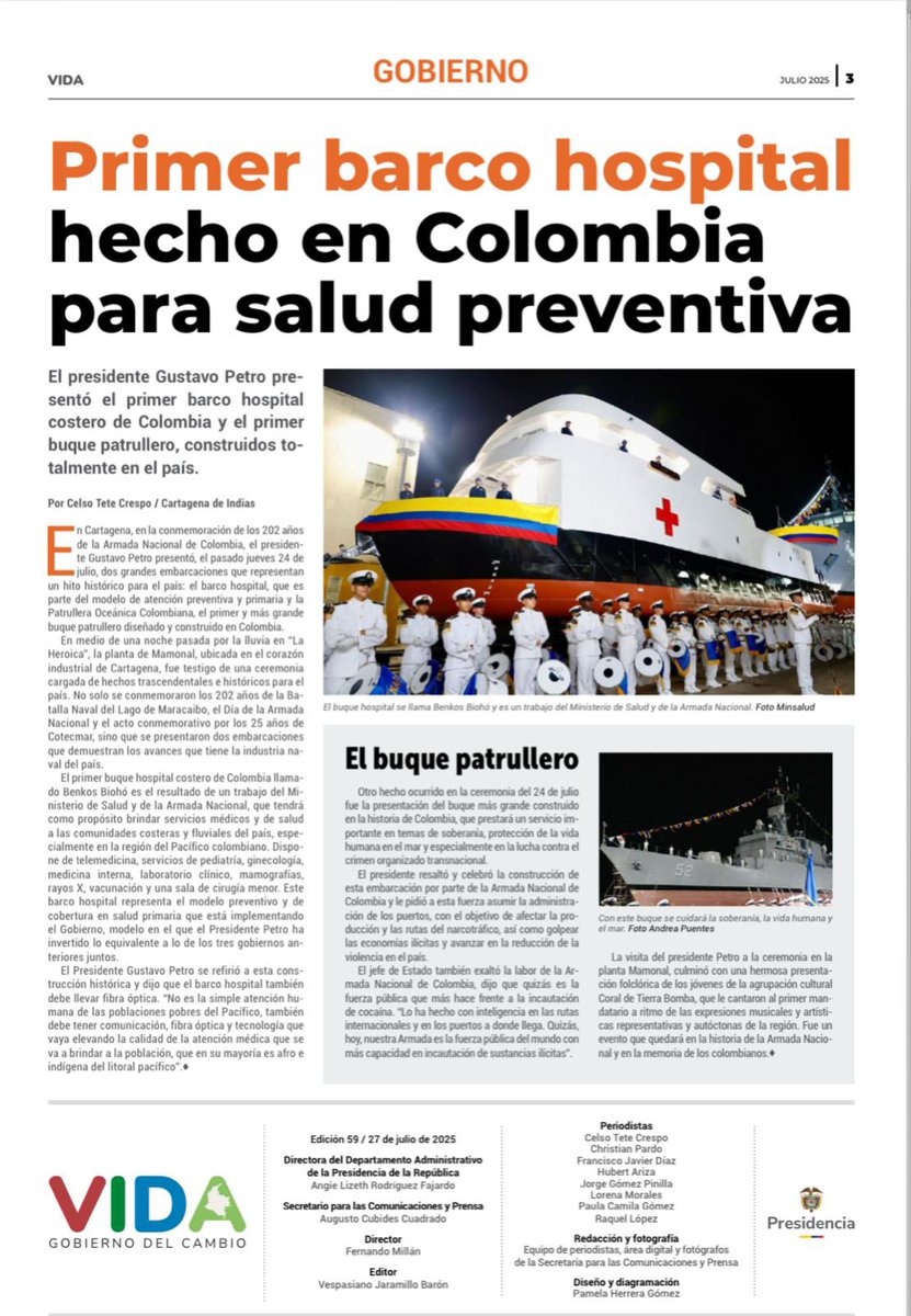 En la edición 59 del #PeriódicoVida encuentra los detalles sobre el Buque Hospital Benkos Biohó, una infraestructura única que navegará por el litoral pacífico llevando salud a las comunidades que más lo necesitan.

🚢💙 Conoce cómo esta apuesta por la equidad territorial