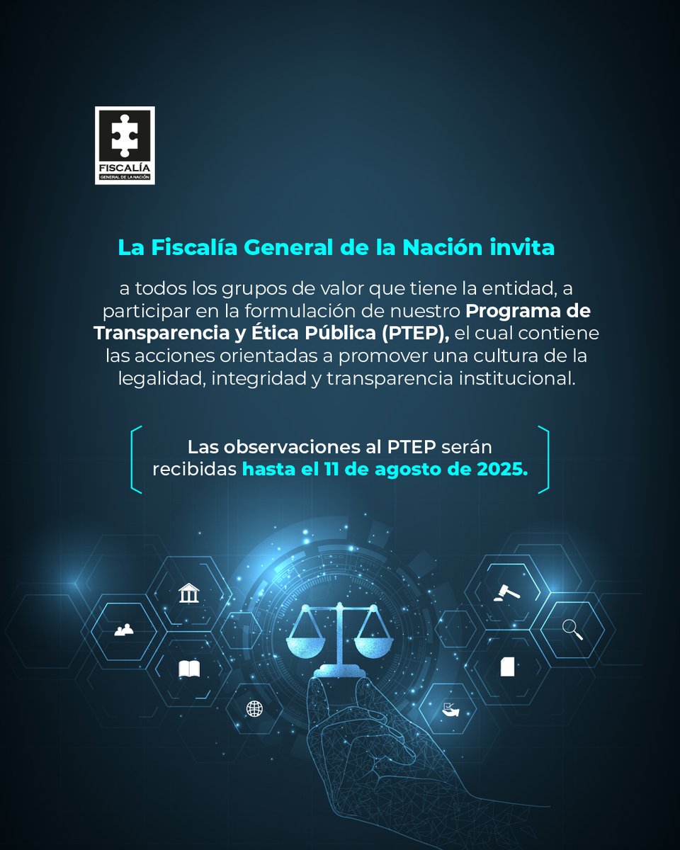 FiscaliaCol's tweet image. La Fiscalía General de la Nación invita a todos los grupos de valor que tiene la entidad, a participar en la formulación de nuestro Programa de Transparencia y Ética Pública (PTEP), el cual contiene las Acciones orientadas a promover una cultura de la legalidad, integridad y…