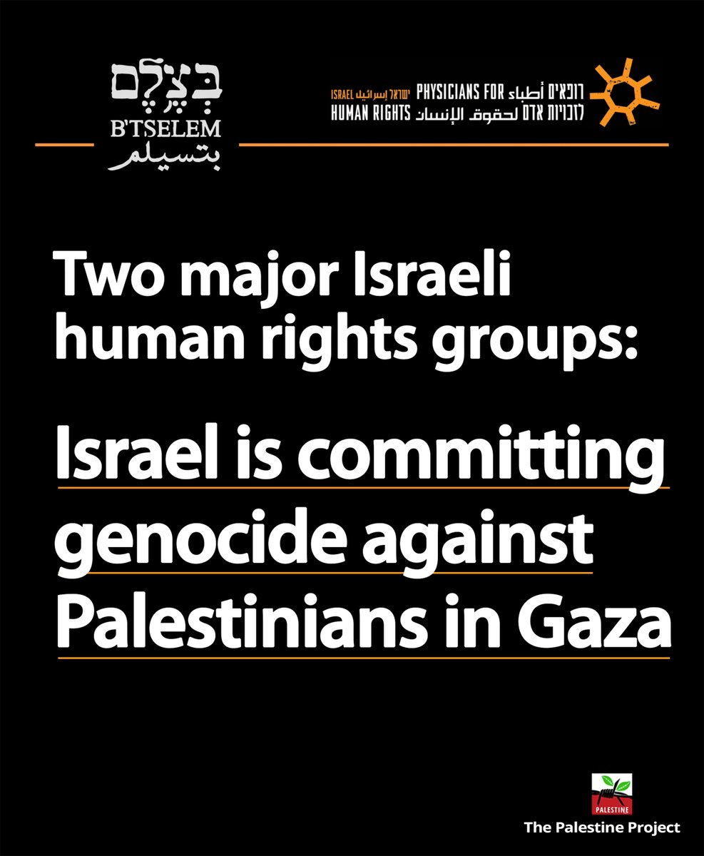 PalestineProjct's tweet image. Two major Israeli human rights groups @btselem and @PHRIsrael published separate reports in which they accused Israel of genocidal crimes and incitement to genocide.
❝ Nothing prepares you for the realisation that you are part of a society committing genocide. This is a deeply…