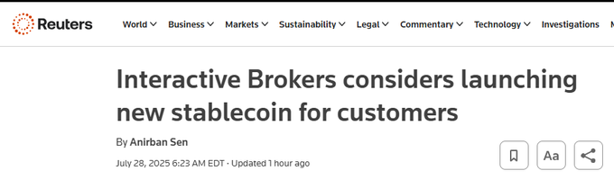 frontrunnersx's tweet image. 🚨BREAKING : Interactive Brokers is considering allowing stablecoins and crypto to fund brokerage accounts 24/7.