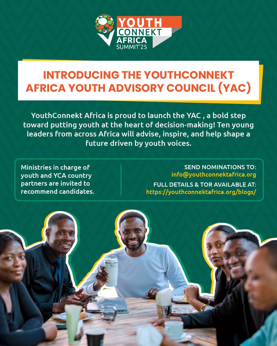 YouthConnekt Africa (@youthconnektaf) on Twitter photo Join YouthConnekt Africa's Youth Advisory Council (YAC)!
Ministries in charge of youth and YCA partners are invited to recommend candidates.
π§ Send nominations to: info@youthconnektafrica.org
π Full details : youthconnektafrica.org/join-youthconnβ¦
#YCA2025 Join YouthConnekt Africa's Youth Advisory Council (YAC)!
Ministries in charge of youth and YCA partners are invited to recommend candidates.
π§ Send nominations to: info@youthconnektafrica.org
π Full details : youthconnektafrica.org/join-youthconnβ¦
#YCA2025