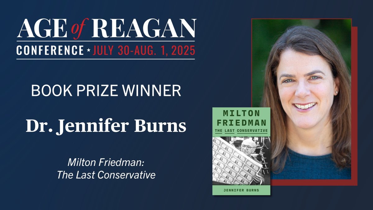 📖🏆We are proud to announce that <a href="/Stanford/">Stanford University</a> historian <a href="/profburns/">Jennifer Burns</a> has been awarded the 2025 Age of Reagan Conference Book Prize for her critically acclaimed biography, Milton Friedman: The Last Conservative.

More here: reaganfoundation.org/reagan-institu…