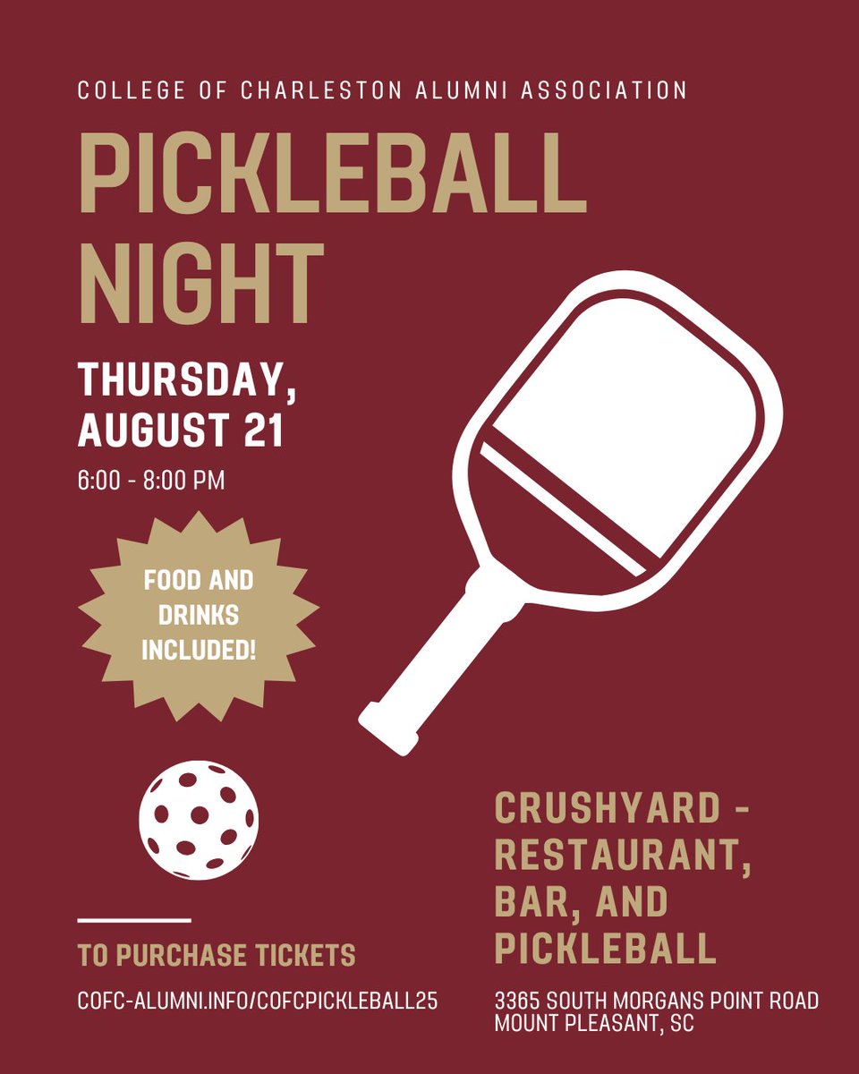 Register for CofC Pickleball at Crush Yard on Thursday, Aug. 21, from 6–8 pm! Whether you're a beginner or a seasoned player, all are welcome as paddles and plenty of courts are provided. Your ticket includes unlimited play, food, beer, wine, and non-alcoholic drinks.