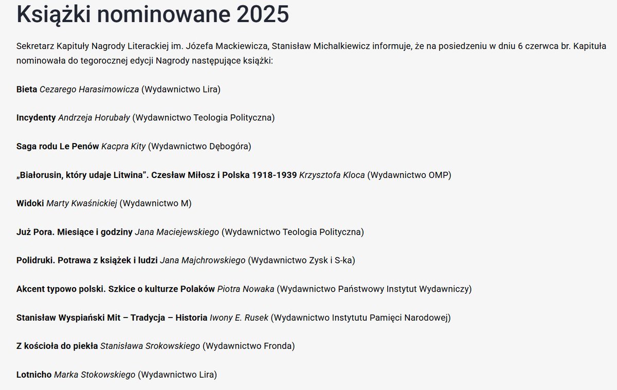 Pełna lista książek nominowanych do Nagrody Literackiej im. Józefa Mackiewicza. Bardzo przyjemnie znaleźć się w takim gronie.