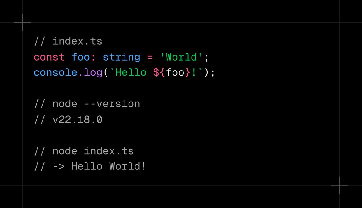 midudev's tweet photo. ¡Notición! Hoy se publica la versión de Node.js con soporte nativo para ejecutar archivos TypeScript sin configuraciones adicionales: https://t.co/f07pRySF1T