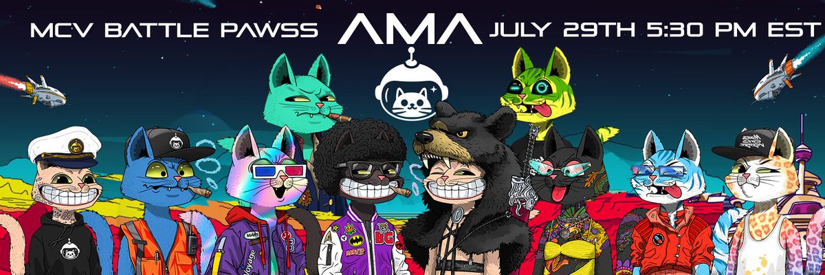 Mars Cats Voyage (@marscatsvoyage) on Twitter photo Got questions about <a href="/BattlePawss/">Battle Pawss</a>? We've got answers!
Join our official MCV Community AMA to hear directly from the team about what's next
ποΈ Date: Tuesday, July 29th
ποΈ Event: Twitter Spaces AMA
β° Time: 5:30 PM EST
See you there! π Got questions about <a href="/BattlePawss/">Battle Pawss</a>? We've got answers!
Join our official MCV Community AMA to hear directly from the team about what's next
ποΈ Date: Tuesday, July 29th
ποΈ Event: Twitter Spaces AMA
β° Time: 5:30 PM EST
See you there! π