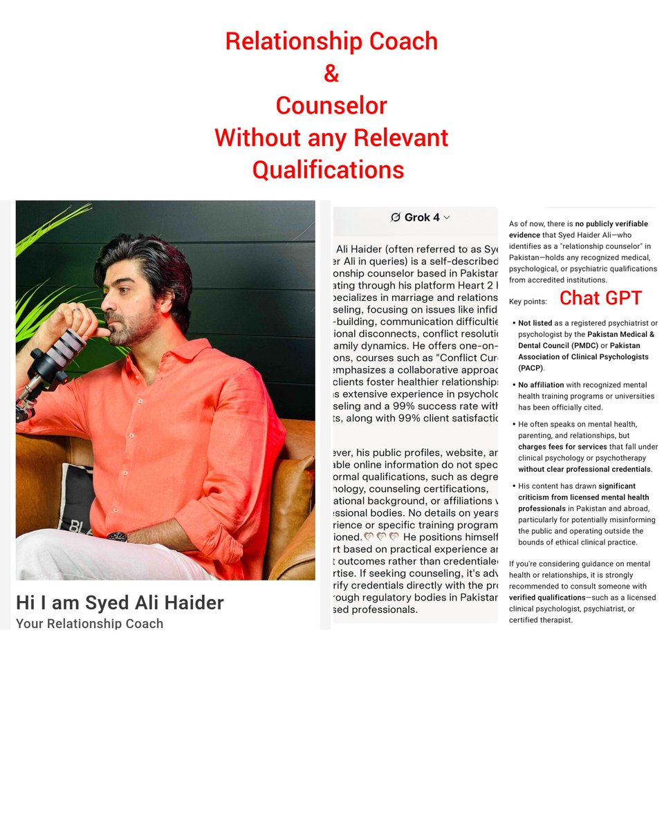 AhmadRehanKhan's tweet photo. 𝗖𝗼𝘂𝗻𝘀𝗲𝗹𝗹𝗼𝗿 𝘄𝗶𝘁𝗵 𝗡𝗼 𝗥𝗲𝗹𝗲𝘃𝗮𝗻𝘁 𝗤𝘂𝗮𝗹𝗶𝗳𝗶𝗰𝗮𝘁𝗶𝗼𝗻𝘀:

Mr. @SyedAliHaider13 , a journalist and anchor, is currently offering services as a marriage and relationship counsellor, charging$ 70-85 for a one-hour Zoom session. However, based on my review of his website and online presence (including Grok and ChatGPT), there is no evidence of any formal training or degree in psychology, psychotherapy, or counseling.

On his website, he refers to himself as a “counsellor” and “relationship coach.” If he does hold any recognized qualifications or licensure in these fields, he is welcome to clarify in the comments. Otherwise, promoting oneself as a mental health professional without appropriate credentials is both misleading and ethically problematic.

Practicing outside one's area of expertise, especially in sensitive domains like mental health, can have serious consequences and must be called out. This kind of unregulated and potentially harmful practice should not be normalized or tolerated.

His Website. 
https://t.co/QsIsNfLGvv 

#MentalHealthAwareness #depression #quacks #relationshipcounselling #meded