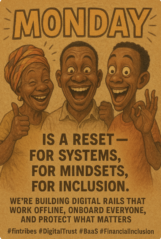 fintribes's tweet photo. Every Monday is a reset — for systems, for mindsets, for inclusion.

We’re building digital rails that work offline, onboard everyone, and protect what matters.

Let’s move forward — together.
#fintribes #DigitalTrust #BaaS #FinancialInclusion #FintechAfrica https://t.co/7g44HGMUd6