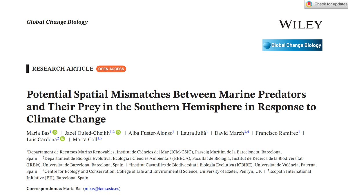 🌊Climate change is transforming marine ecosystems. But what happens when predators and their prey no longer overlap in space? 

We explore this in our paper in Global Change Biology. 👇
#MarineEcology #ClimateChange

<a href="/ICMCSIC/">ICM-CSIC</a>
<a href="/MariaBas16/">Maria Bas</a>