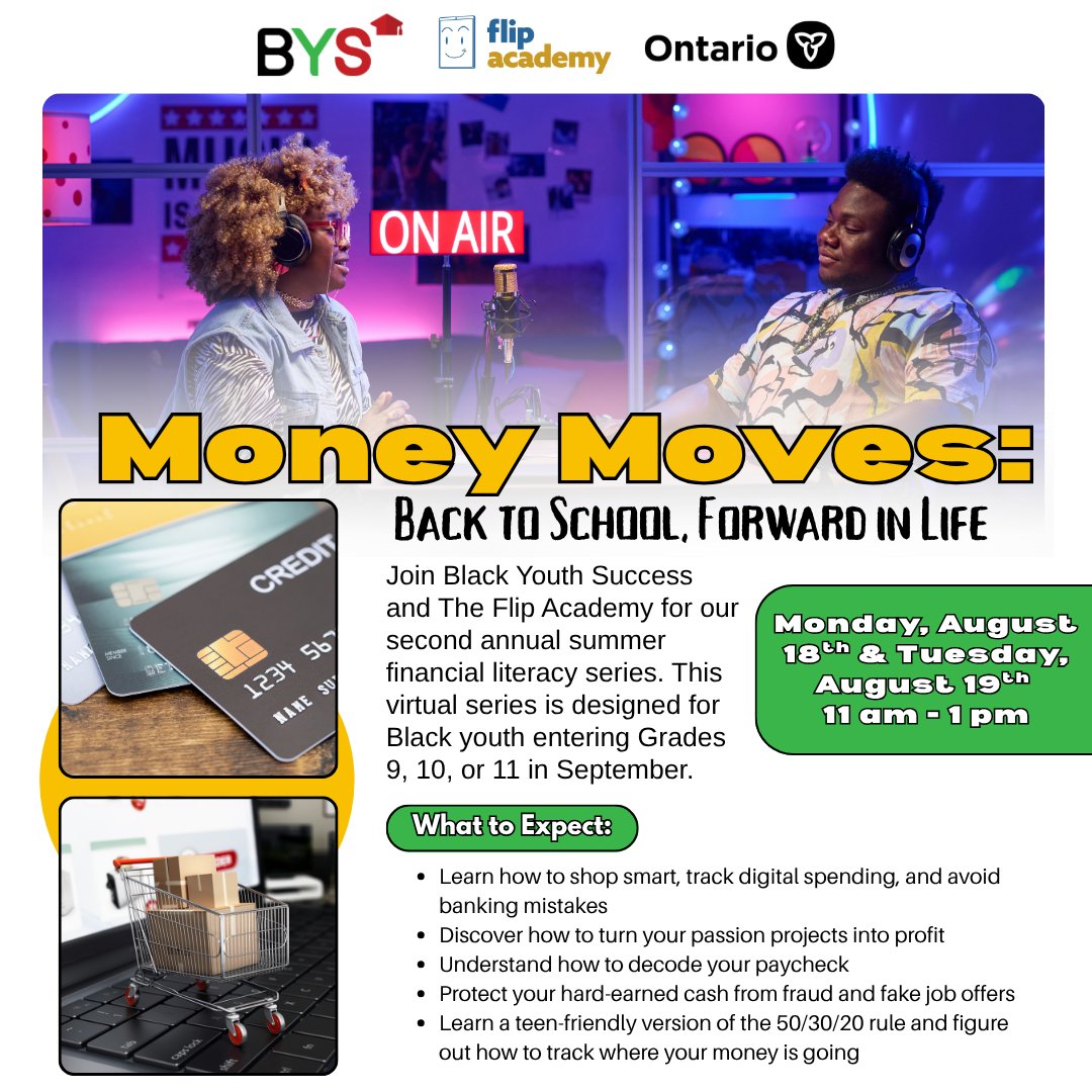 Ready to level up your money game?

Money Moves is a FREE, dynamic and culturally relevant financial literacy series, organized by Black Youth Success and Flip and Floss, designed for Black youth entering Grades 9 to 11.

tinyurl.com/BYSMoneyMoves

#FinancialLiteracy