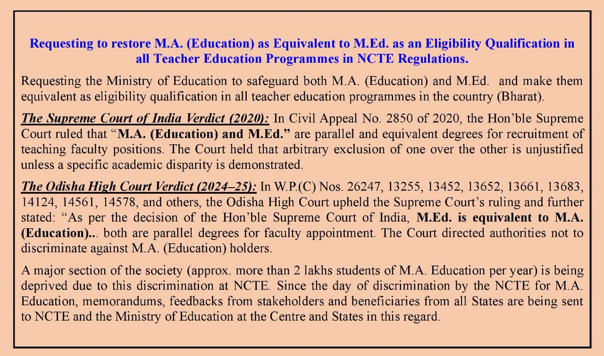 Anuradh67423317's tweet photo. #IncludeMAinEducation
Requesting the Ministry of Education to safeguard both M.A. (Education) and M.Ed. and make them equivalent as eligibility qualification in all teacher education programmes in the country (Bharat).
@EduMinOfIndia
@PMOIndia
@rashtrapatibhvn https://t.co/PwsYfeb6bm