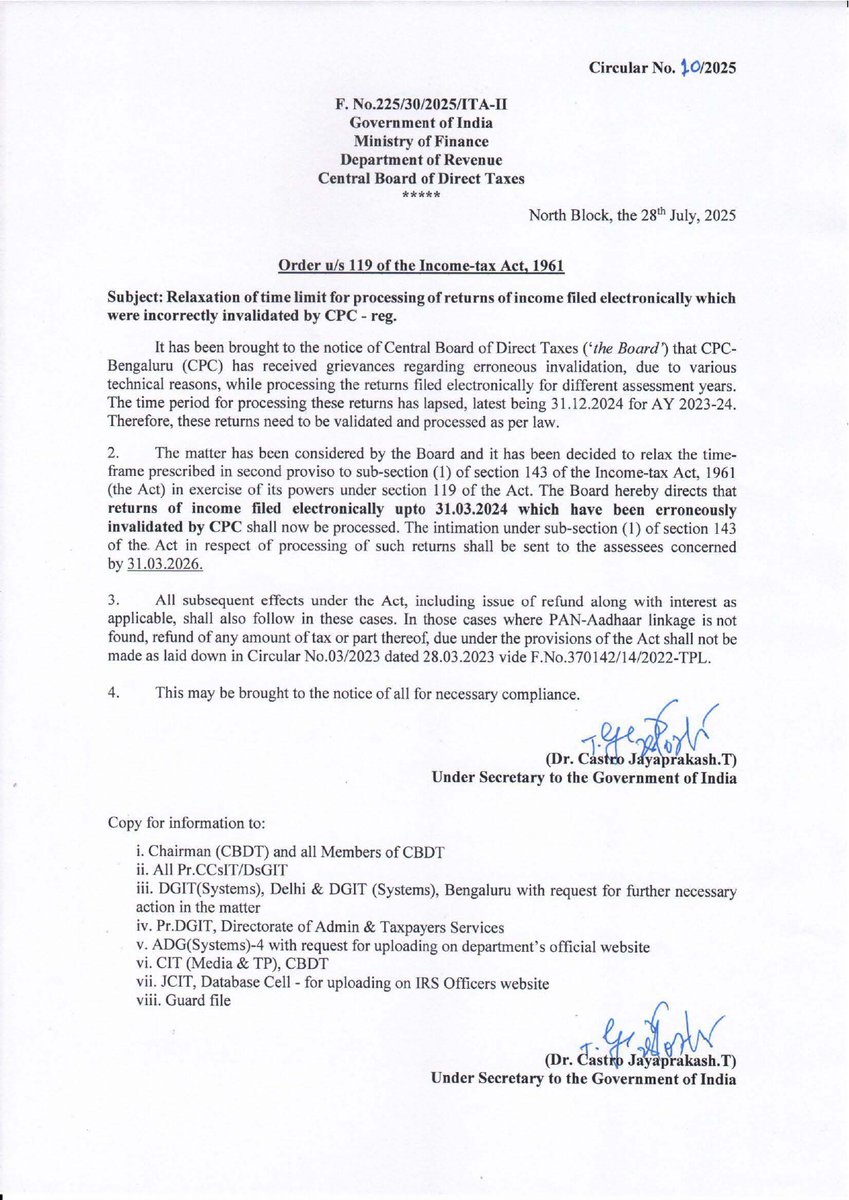 Central Board of Direct Taxes issues Circular 10/2025, providing relaxation of time limit  for the processing of electronically filed income tax returns.

For detailed information, access the Circular 10/2025 via the link below:
incometaxindia.gov.in/communications…