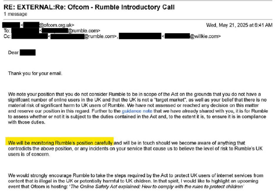 UK REGULATORS THREATEN AMERICAN COMPANIES WITH CENSORSHIP.

“We will be monitoring Rumble’s position carefully.”

Thread: