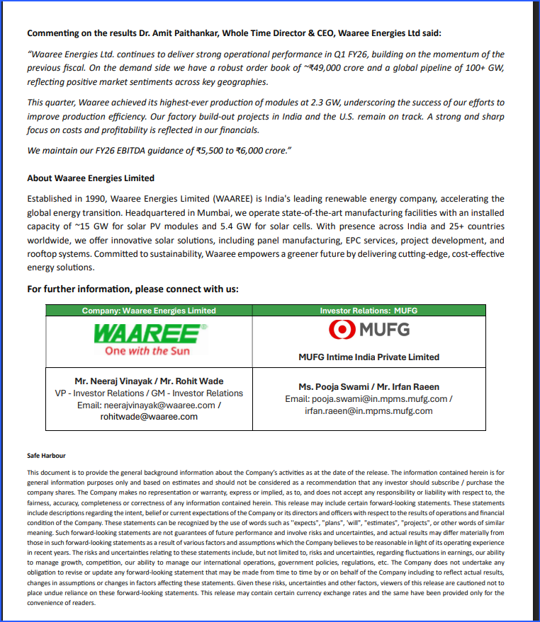 ThanksDeepest's tweet photo. Waaree Energies Ltd - Press Release for Unaudited Financial Results for Quarter Ended June 30, 2025. https://t.co/FWs1JDefpL